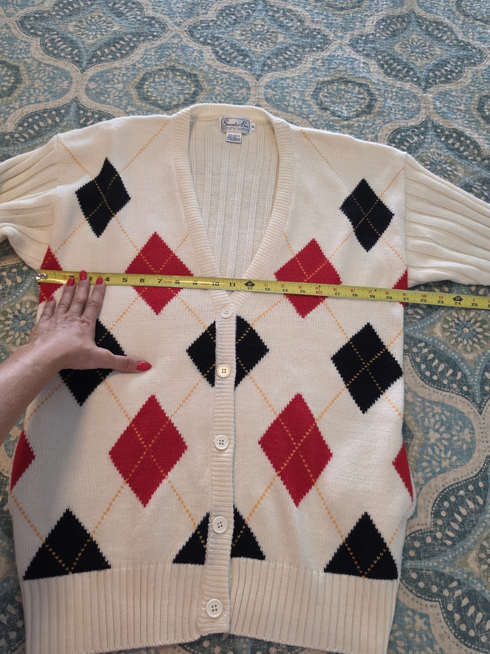 Vtg Wool Blend Argyle Cardigan Oversized Knit Small Grandpa Dark Academia Retro - Picture 10 of 11